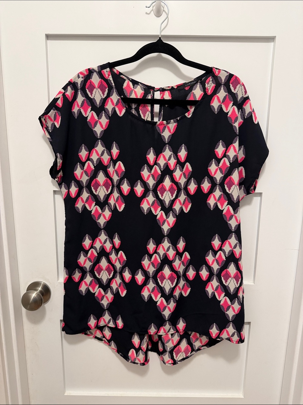 Cap Sleeve Printed Blouse in Navy with Pink and White
